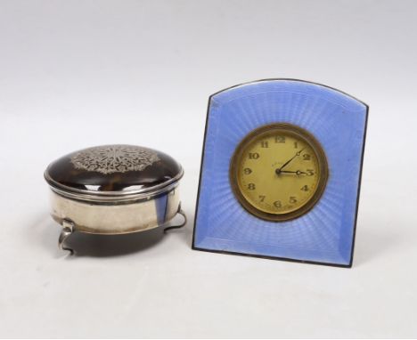 A George V silver and tortoiseshell pique mounted trinket box, by William Comyns, London, 1913, 79mm and an enamelled bedside