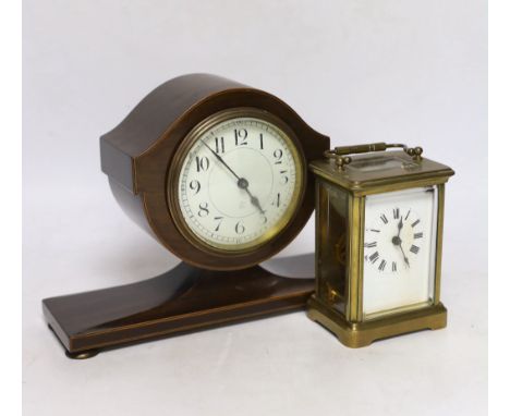 A carriage clock and an Edwardian strung mahogany mantel clock, 24cm wide