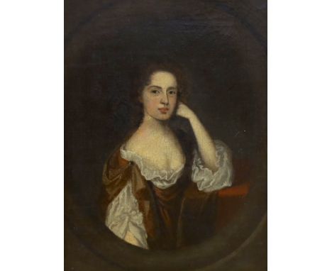 19th century English School, oil on canvas, Portrait of a lady wearing 17th century dress, feined oval, 21 x 16cm