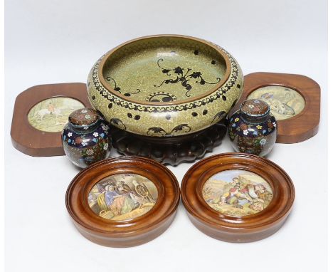 A Chinese cloisonné enamel bowl on a wooden stand, a pair of cloisonné jars with covers, and four 19th century Prattware pot 