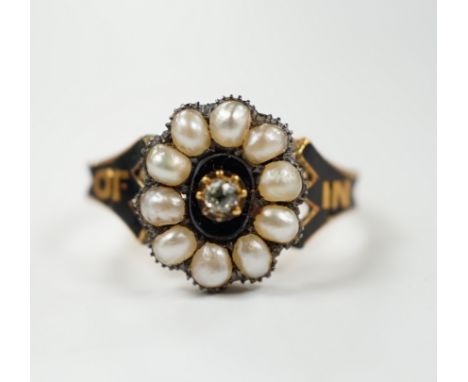 A Victorian 18ct gold, diamond, split pearl and black enamel set mourning ring, size O, gross weight 3.5 grams.