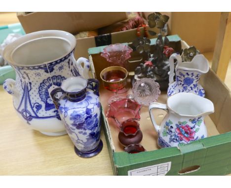 A large Arts and Crafts style two handled blue and white pot, a vase, two jugs, a quantity coloured glass and a table lamp