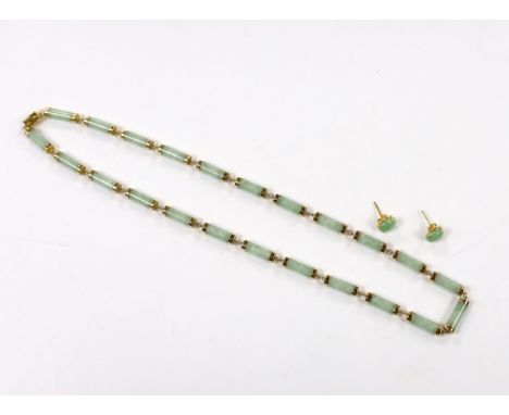A Chinese 14k yellow metal and jade set baton link necklace, 45cm, gross weight 26.3 grams, together with a pair of 750 yello