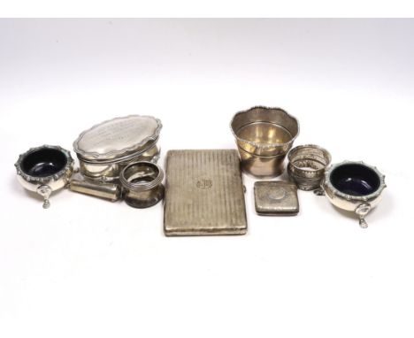 Sundry small silver including an Asprey silver cigarette case, 12.7cm, napkin ring, trinket box, pair of salts, vesta, small 