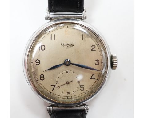 A gentleman's 1930's stainless steel Longines manual wind wrist watch, with Arabic dial and subsidiary seconds, movement c. 2