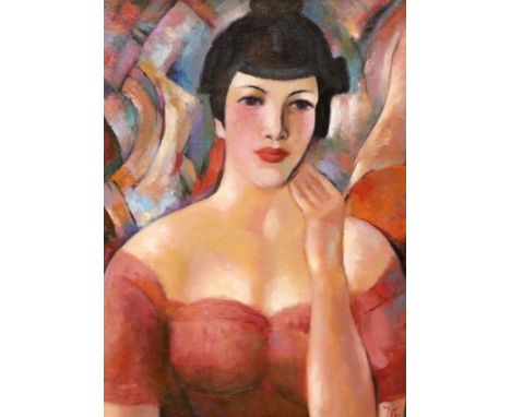 Oil on board, Head and shoulders portrait of a woman, 42 x 32cm This is a modern decorative painting.  Good condition; initia