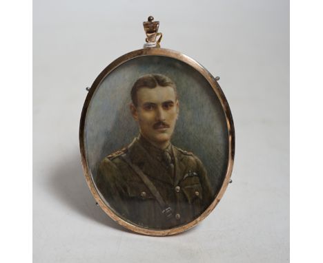 Miniature watercolour portrait on ivory of RFC officer Tom Abbot wearing military dress, with photograph of the sitter CITES 