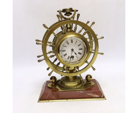 A late Victorian brass and marble ship's wheel timepiece with aneroid barometer and compass, 29.5cm
