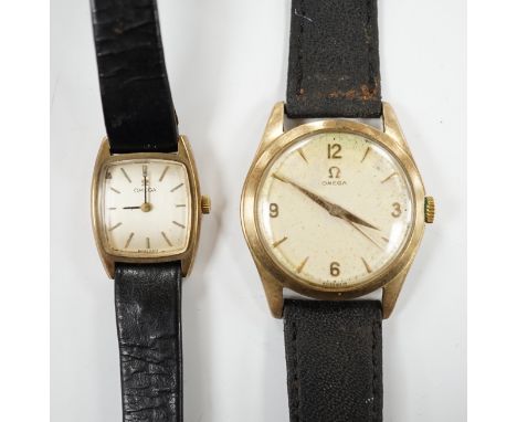 A gentleman's 9ct gold Omega manual wind wrist watch, on associated strap and a  lady's 9ct gold Omega manual wind wrist watc