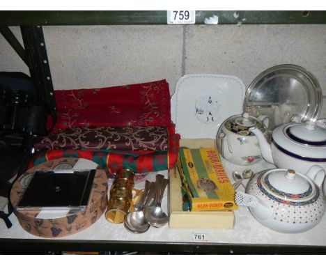 A mixed lot of teapots, Wade, cutlery, fabrics etc.,