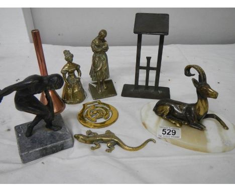 A mixed lot of brass ware including miniature lantern, marble base figure etc.,