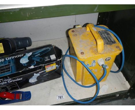 A good collection of work shop tools including angle grinder and a 110 volt converter.