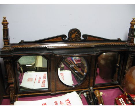 A Late XIX Century Ebonised Rosewood and Satinwood Inlaid Sideboard Back, in the style of Bruce J. Talbert, with three mirror