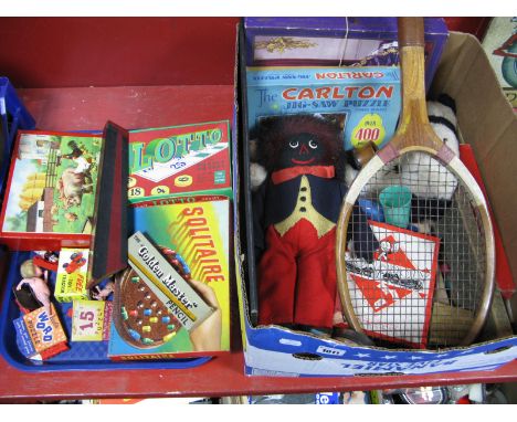 Vintage Games etc- Solitaire, Lotto, 'Farmyard' print, Mirrorscope, jigsaw puzzles, tennis racket, soft toy, golly etc:- One 
