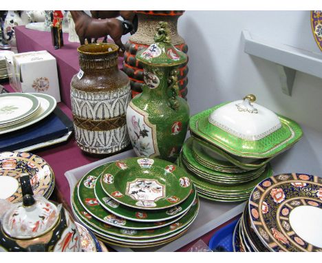 Mason's Ironstone Temple Jar and Cover; a quantity of Ironstone plates with Oriental style decoration, Ashworth green and gil