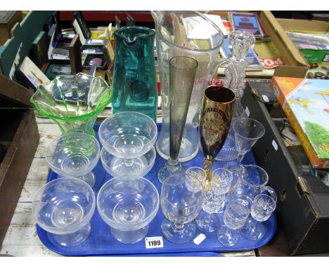 A XIX Century Glass Decanter, with faceted three ring neck, (with stopper), Stuart sundaes, other glassware:- One Tray