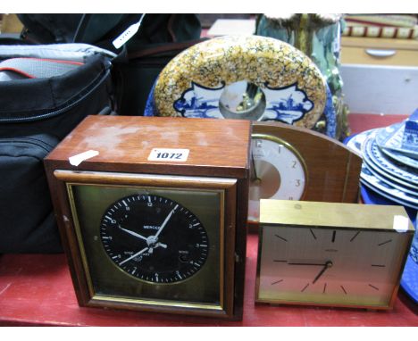 Mercer Pigeon Type Clock, Bentima Eight-Day and Angelus mantel clocks, Delft and mottled pottery clock case.