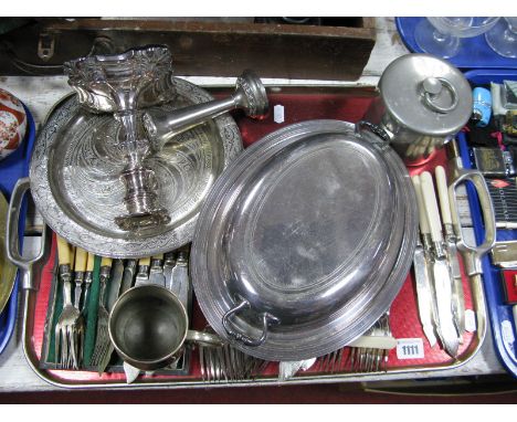 Electroplated Loose Cutlery, oval entree dish, tankard, vase, candlestick etc:- One Tray