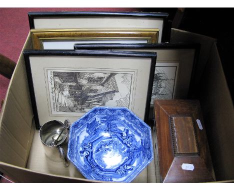 A XIX Century Mahogany Tea Caddy, Cauldon octagonal bowl, plated tankard, spoons, DFC Jones and other prints:- One Box