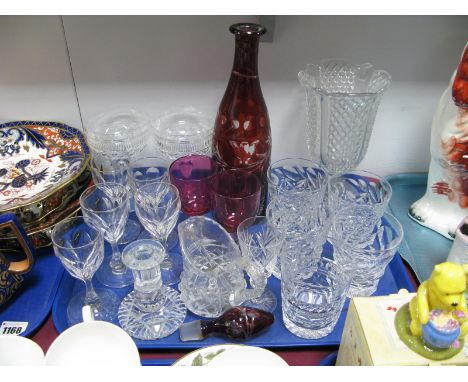 Ruby Glass Decanter, two XIX Cranberry wines, other drinking glasses:- One Tray