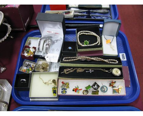 A Mixed Lot of Assorted Costume Jewellery, including enamel and other pin badges, imitation pearls, cross pendants, heart sha