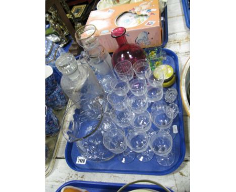 An Etched Water Jug and Drinking Glasses, decanter (stopper stuck), early XX Century vase, cranberry decanter, etc:- One Tray