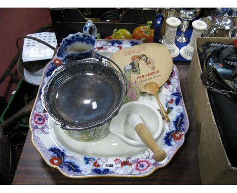 Cauldon Meat Serving Plate, mortar and pestle, fan Kingsway basket, pipe, glass vase, jug.