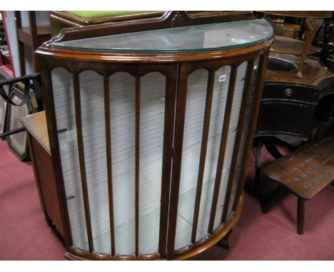 A 1930's Walnut Bow Front Display Cabinet, on squat cabriole Legs, (one pane damaged), satin walnut chest of drawers. (2) 