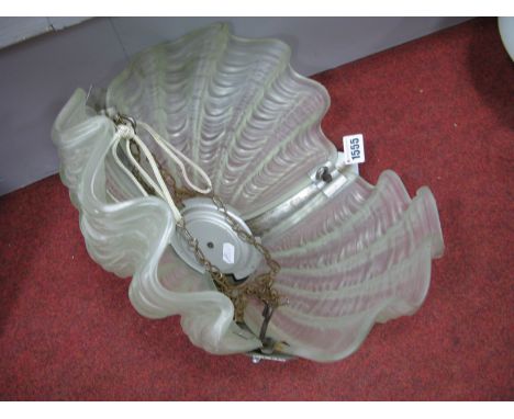 An Art Deco Moulded, Frosted Glass Ceiling Light Shade, chrome fitments, suspended from a chain.