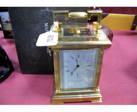 Mappin & Webb of London Carriage Clock, with bell strike to wind-up mechanism, reeded pillars to casing, 10.5cm wide, with ke