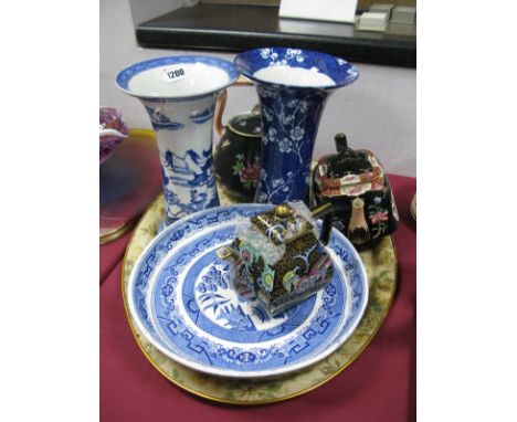 A XIX Century Blue and White Willow Pattern Meat Plate, Ashworth 'Old Canton' and Mason's vases, teapots etc:- Two Boxes