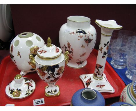 Coalport 'Hong Kong' Urn, with gilt rams head handles, with cover, 17cm tall; a larger urn and cover, Pot Pouri, candlestick.