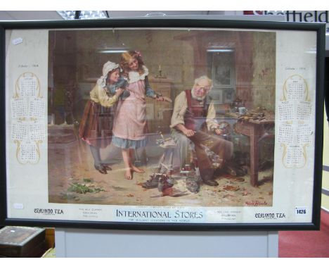 A 1914 'International Stores' Advertising Calendar for 'Ceylindo Tea', central chromolithograph print of a cobbler's shop wit