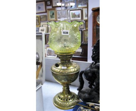 A Late Victorian Brass Paraffin Lamp, moulded decoration of foliate gadroon borders and pierced flowerheads, lampes veritas a