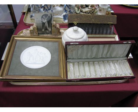 A Parian Type Plague, stamped 'Copenhagen', Art Deco photograph frame, glass coasters, set of cut glass knife rests in origin