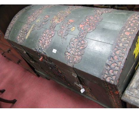 A XVIII Century Continental Painted Domed Top Chest, with pierced strapwork, twin handles, on bracket feet.