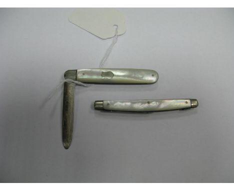 A Hallmarked Silver Bladed Mother of Pearl Folding Fruit Knife, one scale with inset shield; together with another folding kn