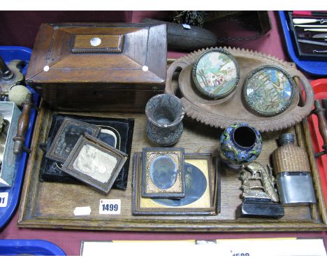 A XIX Century Tea Caddy, Daguerreotypes, Art Nouveau enamelled vase (damaged), mini needleworks, etc:- One Tray