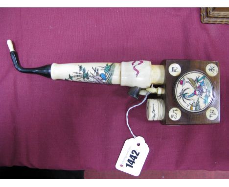 Bone and Hardwood Chinese Opium Pipe, featuring circular cartouches of river scenes and hieroglyphics.