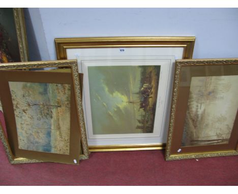 R. Chiba, Woodland Scenes, pair of watercolours, 32 x 48.5cm, signed lower right. Gudrun Gibbons, 'Bringing Back the Catch' L