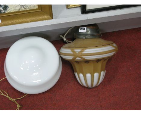 A XX Century Milk Glass Ceiling Light Shade; a vintage moulded shade in frosted and beige effect glass, lobed lower section b