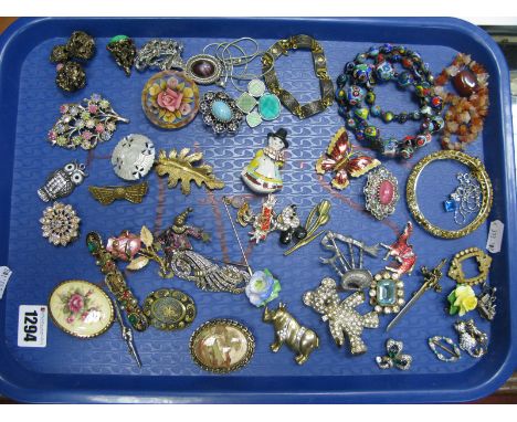 Assorted Costume Brooches, glass bead necklace, bangle, pendant on chain, etc:- One Tray