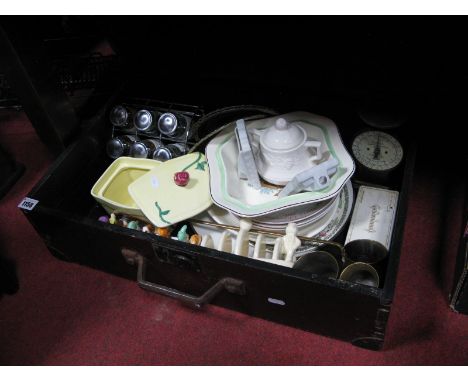 Clover Toast Rack, with seven dwarf dividers and butter dish, Lurpak toast rack, plates, brass measures, Salter scales, spice