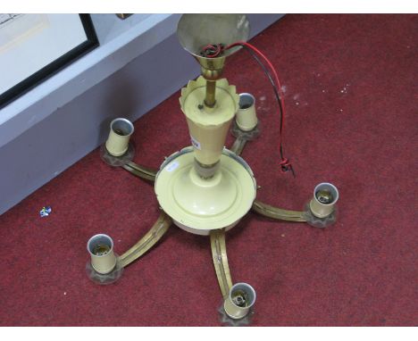 A Mid XX Century Five Branch Ceiling Light Chandelier, painted metal frame, with gilt effect scroll branches.