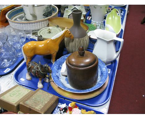 Beswick Horse (ears damaged), oak biscuit barrel, tea caddy, Doulton Plate, other ceramics:- One Tray