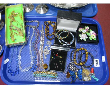 Vintage Bead Necklaces, tigers eye bracelets, ceramic posy brooches, earrings, novelty sardine tin pendant on chain, further 
