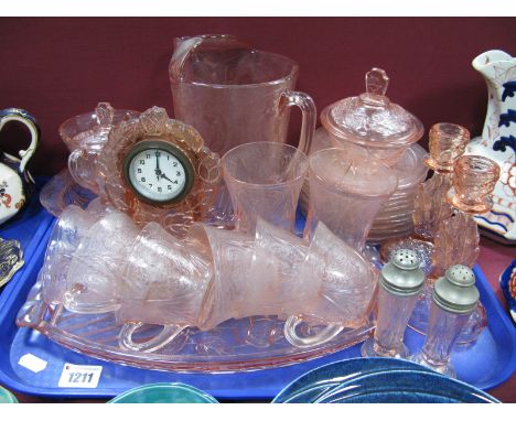 1930's Pressed Pink Glassware, including mantel clock:- One Tray