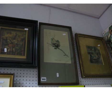 Whist At Wardells Ivorex Plaque, Raines and Porter bird silk, two Cecil Aldin prints, Victor Gilbert Print.