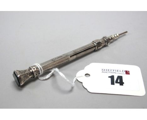 A Victorian Hallmarked Silver Decorative Sliding Pencil, RN, Chester 1887, allover engine turned decoration with engraved hig