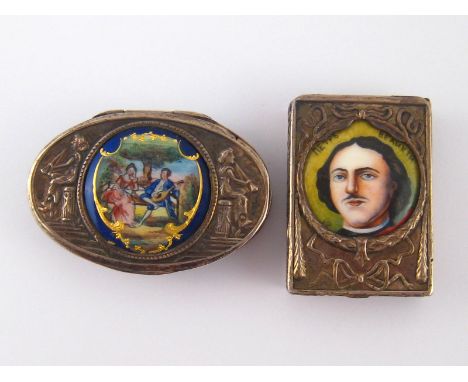 Two Russian silver snuff boxes with enamel plaques, one a portrait of Peter Vyakin, the other a gilt oval with a romantic cou